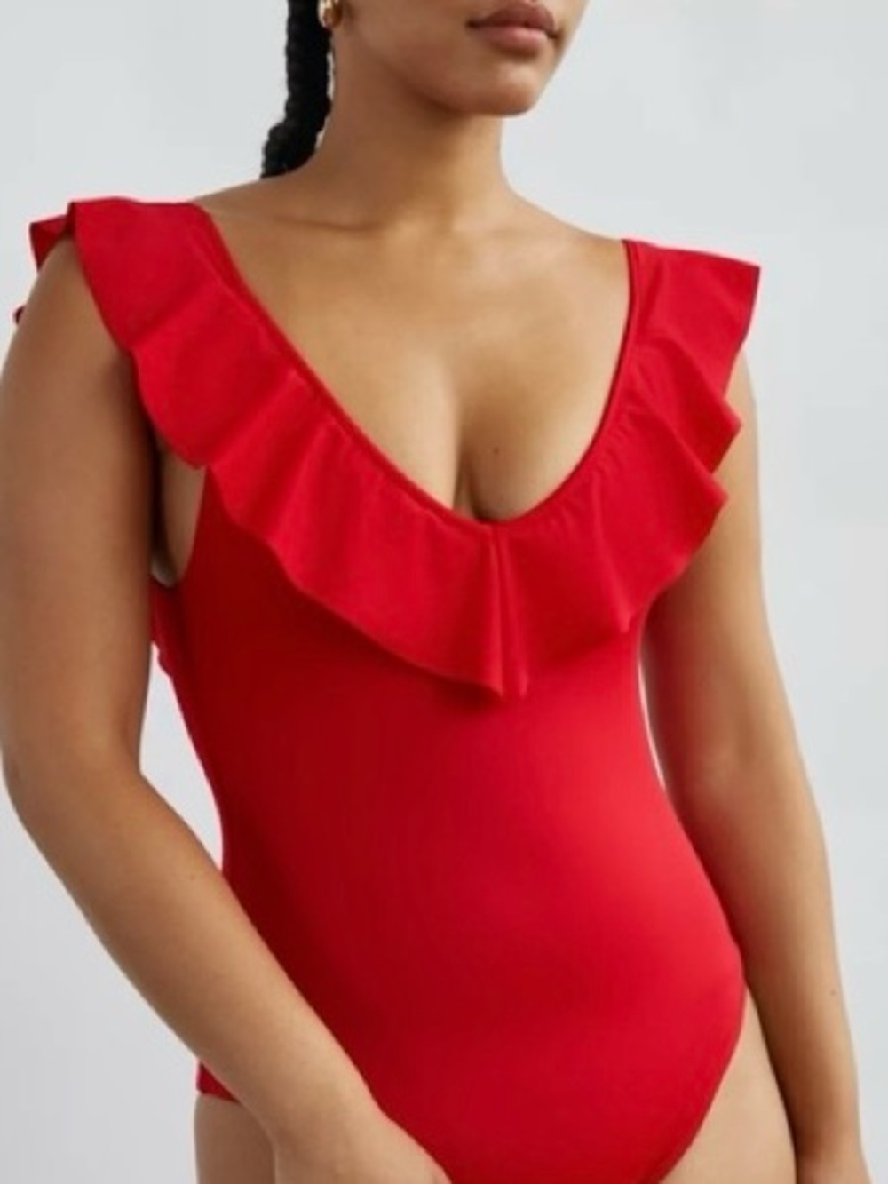 Wilfred| Aritzia| Danette Red Ruffle V-Neck Bodysuit Sz L